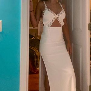 Sabo Skirt • Maxi white double lined dress with lace & cut out top